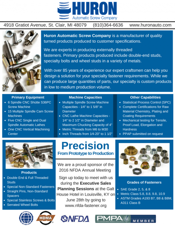 Huron Automatic Screw Company to Sponsor and Attend the 2016 NFDA